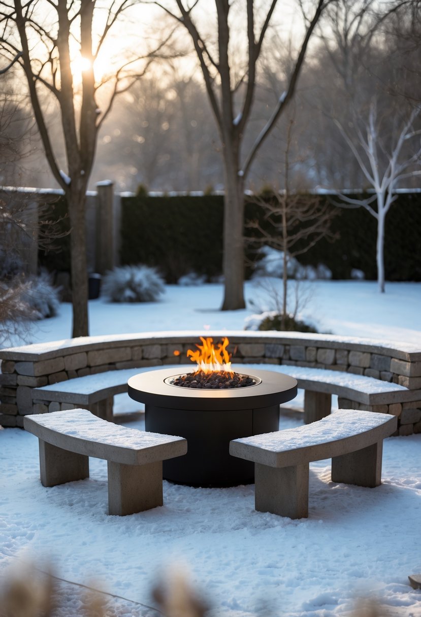 Stone benches arranged around a gas-powered fire table in a snowy outdoor setting.
