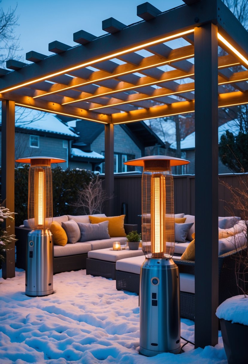 Outdoor winter seating area under an LED-lit pergola with electric heaters and cozy furniture.