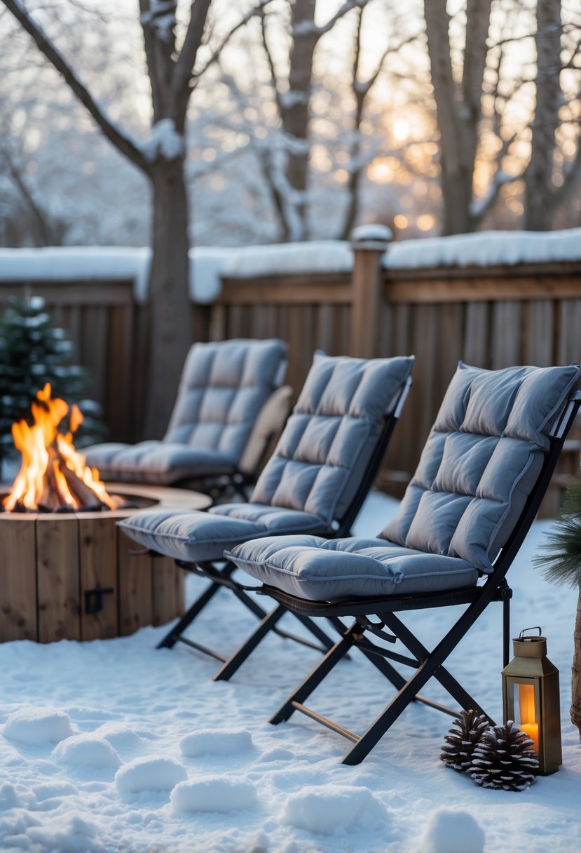 Outdoor winter seating area with convertible folding chairs featuring insulated seat pads arranged around a fire pit in a snowy garden.