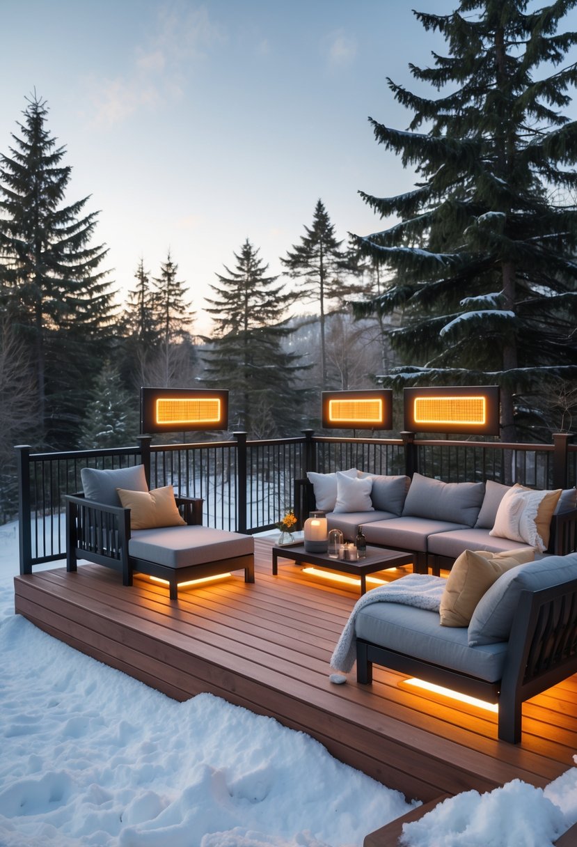Raised outdoor deck with seating and infrared heating panels surrounded by snow and trees.