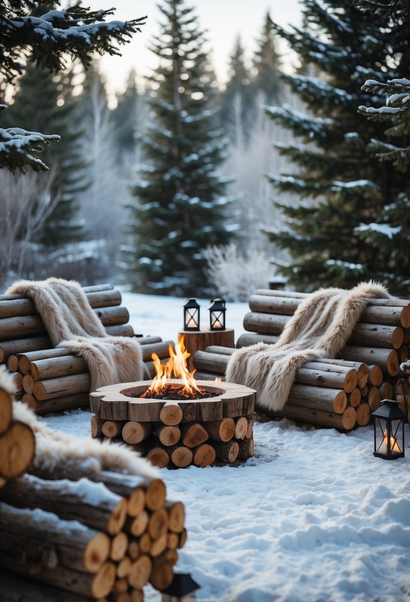 Outdoor winter seating area with log seats covered by faux fur throws surrounded by snow and evergreen trees.