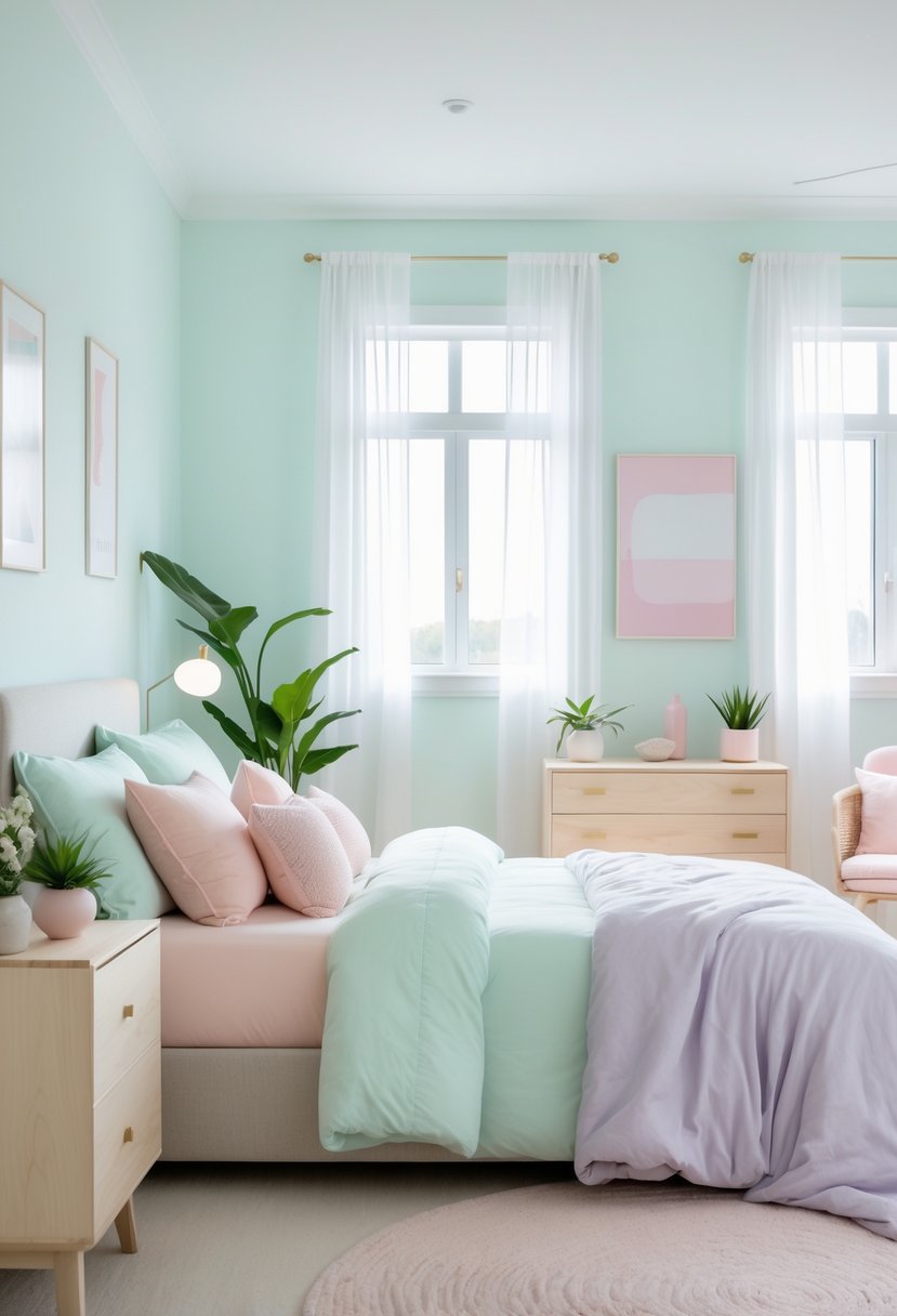 A well-lit bedroom with a bed, wooden furniture, pastel-colored bedding, and plants near large windows.