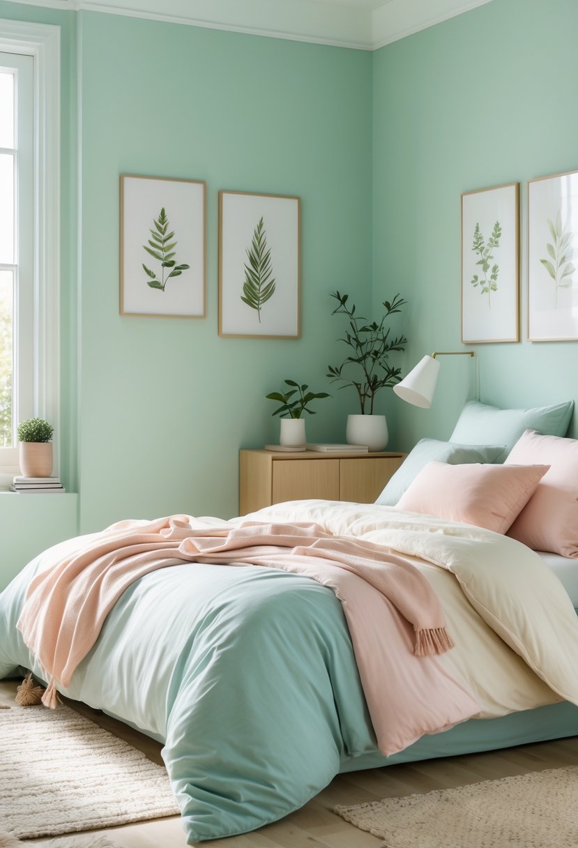 A bedroom with soft mint green walls, a bed with pastel bedding, a wooden nightstand with a plant and lamp, and natural light coming through a window.
