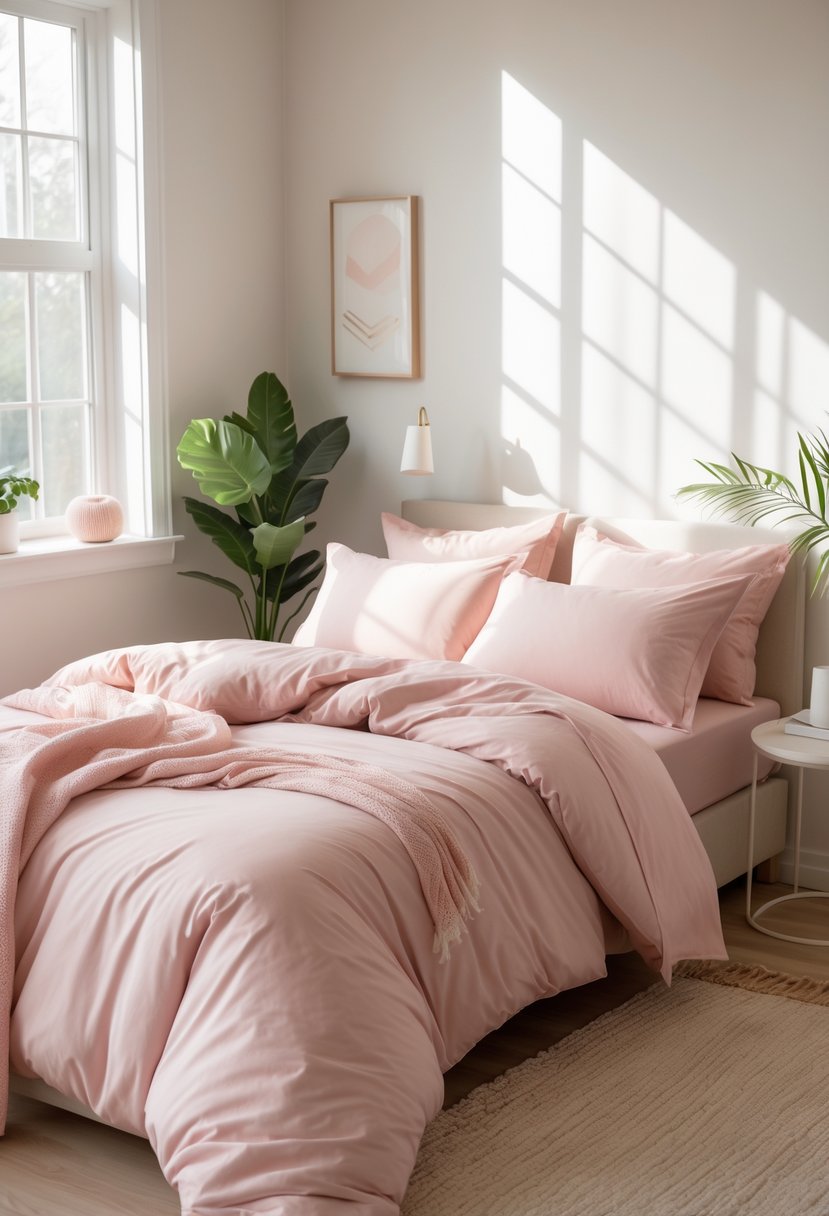 A neatly made bed with blush pink bedding in a softly lit bedroom with a bedside table, lamp, and a potted plant.