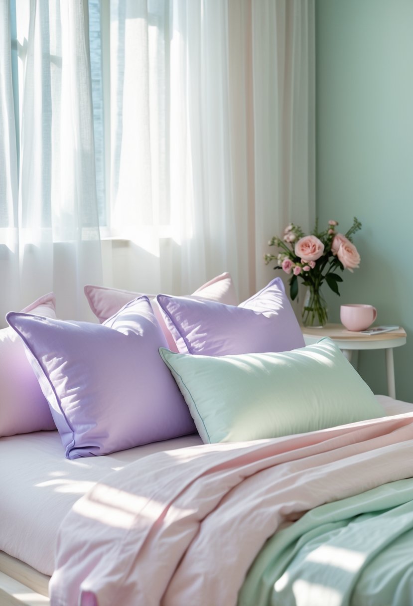 A bedroom with lavender pillows on a bed, pastel bedding, and sunlight coming through sheer curtains.