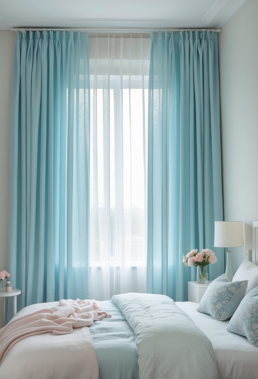 A bright bedroom with pastel blue curtains covering a large window and a neatly made bed with light-colored bedding.