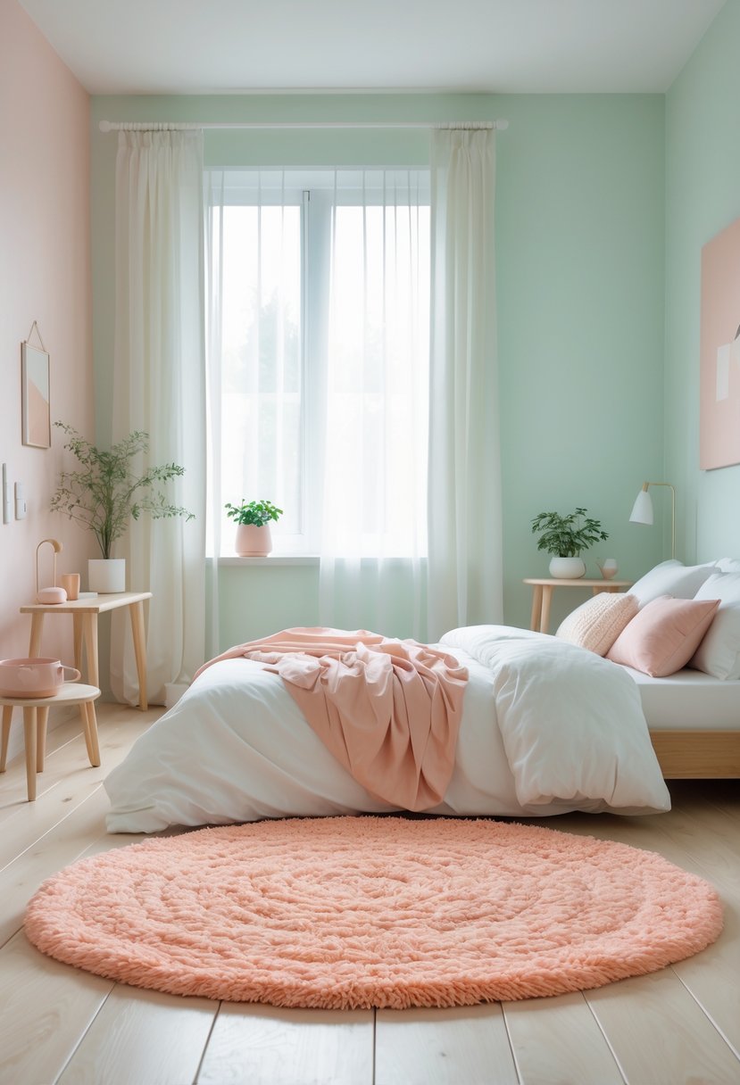 A pastel-colored bedroom with a peachy coral rug, a bed with white and pink linens, wooden furniture, and natural light coming through a window.