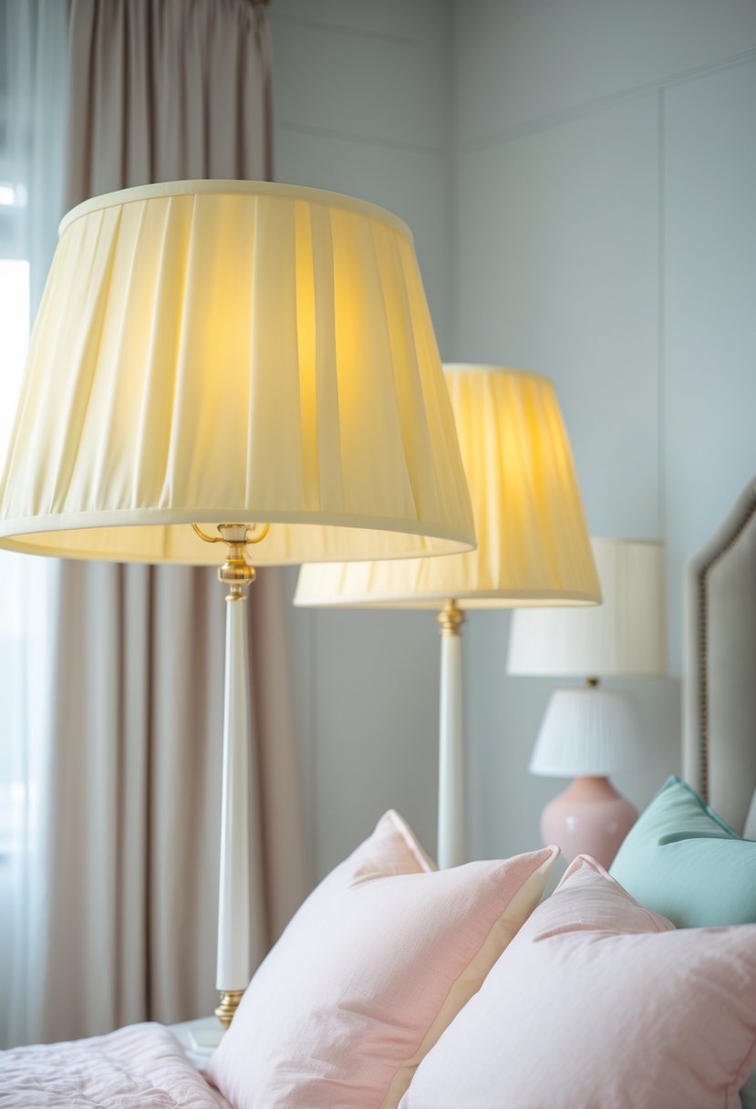 A bedroom with creamy yellow lampshades on bedside lamps, pastel-colored bedding, and soft natural light.