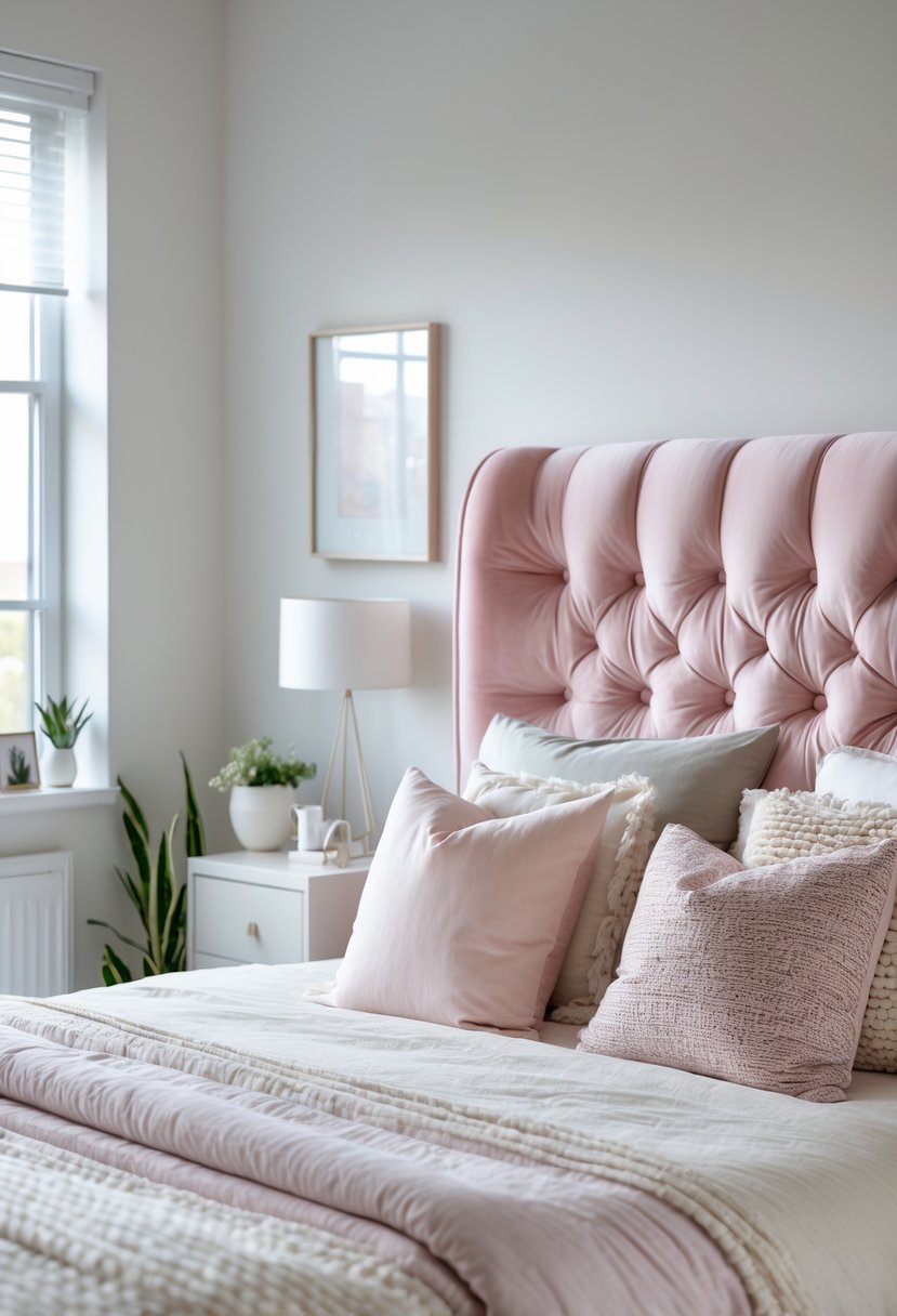 A bedroom with a powder pink upholstered headboard, pastel bedding, and soft natural light coming through a window.