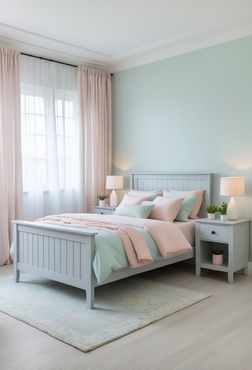 A bedroom with light gray wooden furniture, pastel-colored bedding, nightstands with lamps and plants, and soft natural light coming through sheer curtains.