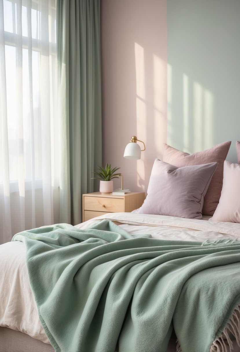A neatly made bed with a sage green throw blanket in a softly lit bedroom with pastel-colored walls and pillows.