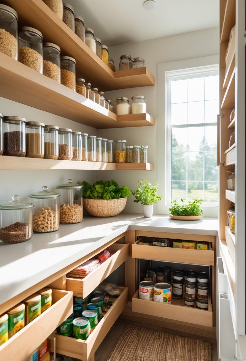 A well-organized kitchen pantry with wooden shelves, glass jars, baskets, and containers filled with food items.