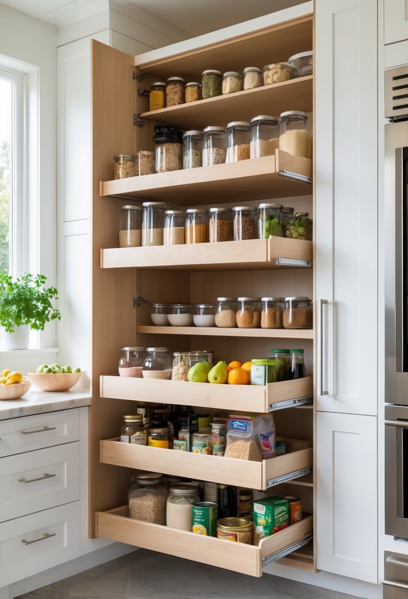 A kitchen pantry with pull-out shelves extended, displaying organized jars and food items.