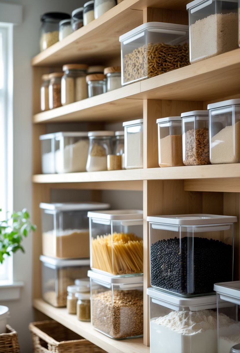 A kitchen pantry with clear airtight containers filled with dry goods neatly arranged on wooden shelves.