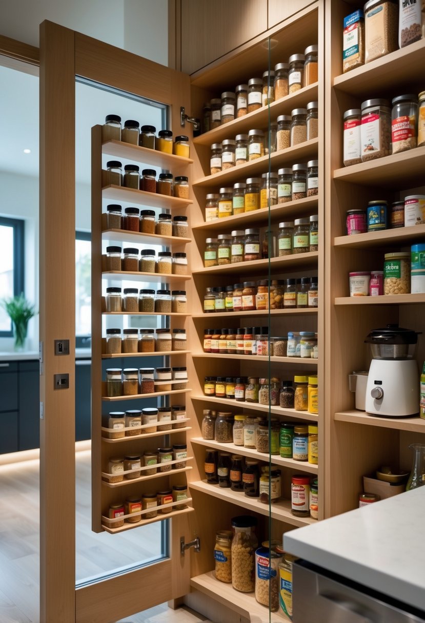 A kitchen pantry with tiered spice racks mounted inside the doors, filled with colorful spice jars and organized shelves of food items.