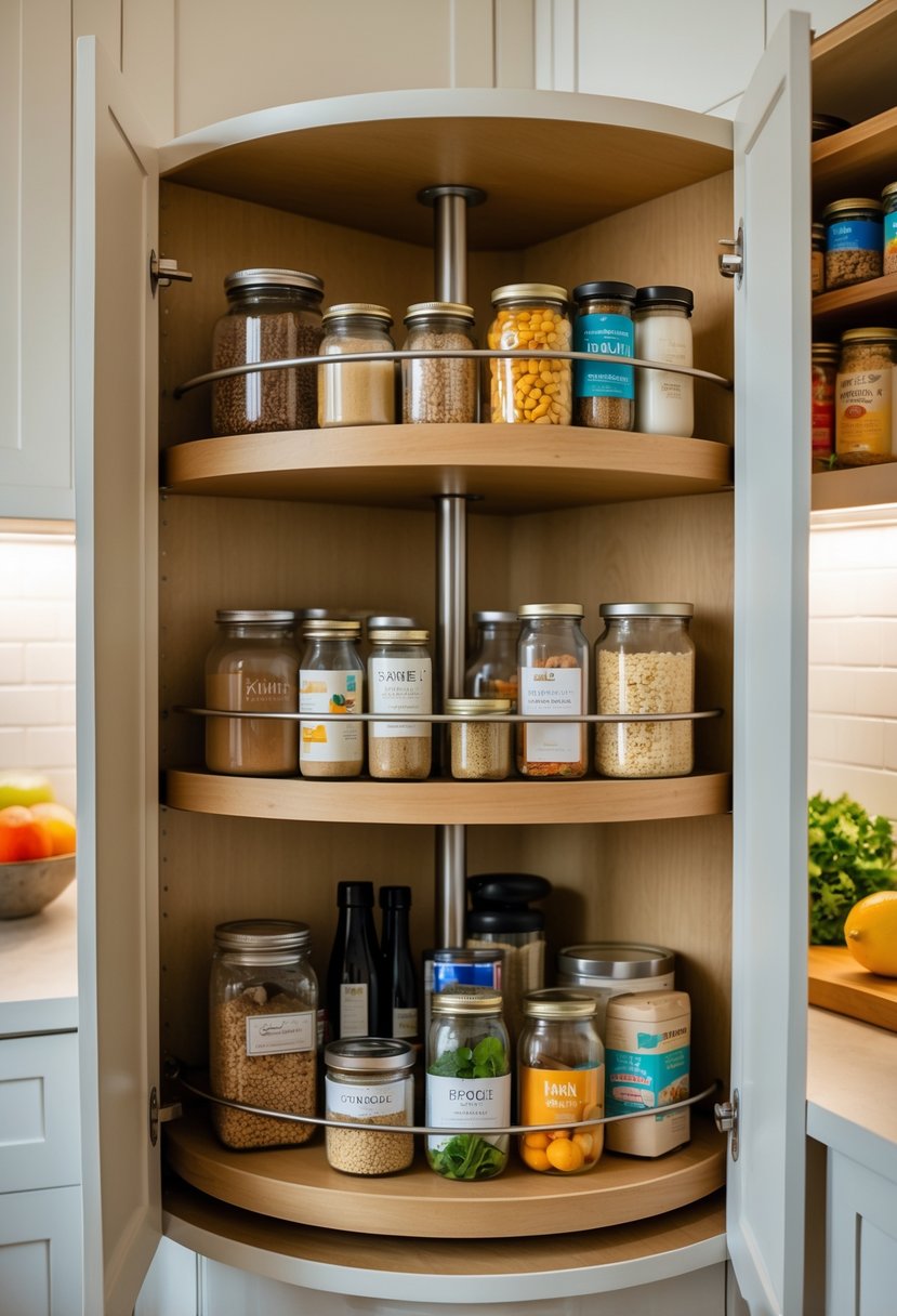 Open kitchen pantry corner with a rotating lazy Susan holding jars and pantry items inside a white cabinet.
