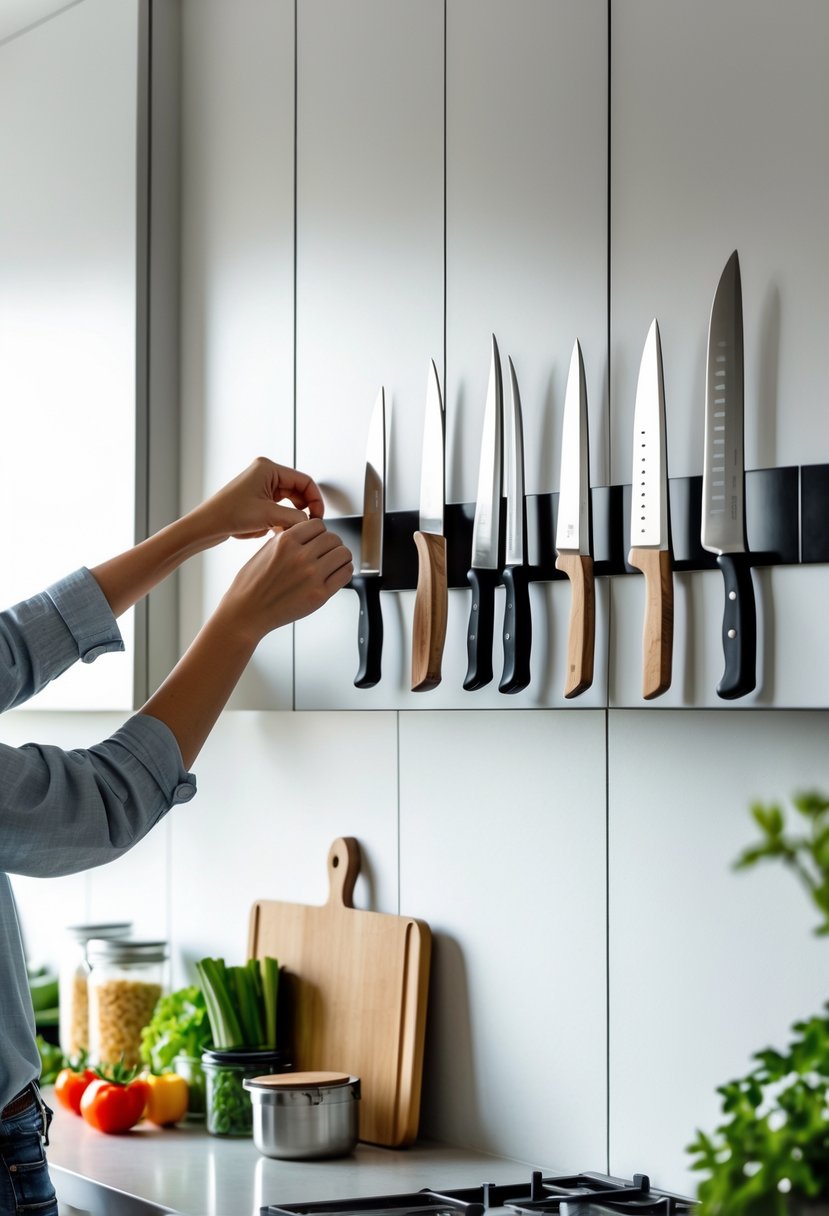Hands mounting a magnetic knife strip on a kitchen wall with knives neatly arranged on it above a countertop with kitchen items.