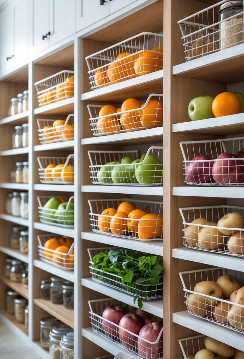 A kitchen pantry with wire baskets on wooden shelves holding fresh fruits and vegetables.