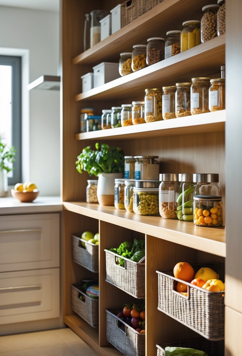 A kitchen pantry with wooden shelves and under-shelf baskets holding extra food items and kitchen supplies.