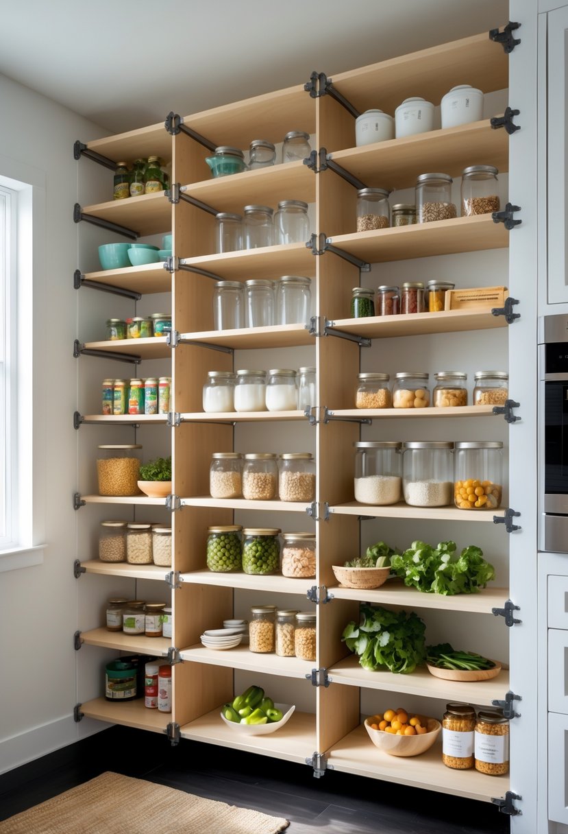 A modern kitchen pantry with adjustable shelves holding organized jars, cans, and fresh produce.