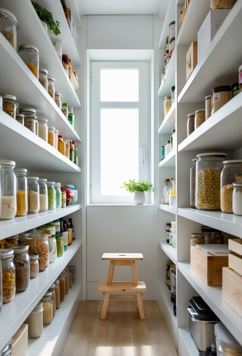 A small wooden stool placed in a well-organized kitchen pantry with tall shelves filled with food items.