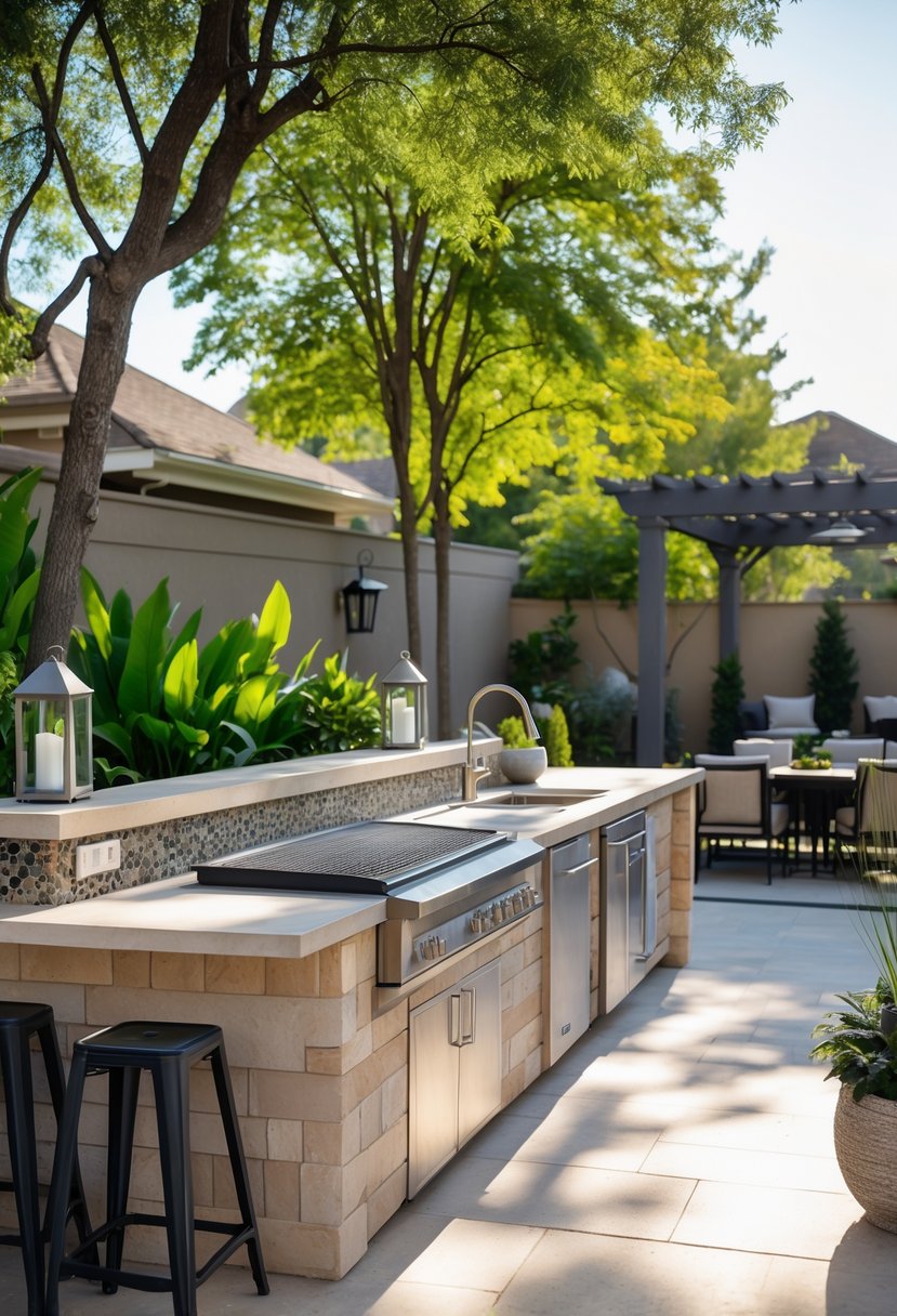 An outdoor kitchen with a stone countertop, built-in grill, sink, seating area, and surrounding greenery in a backyard.