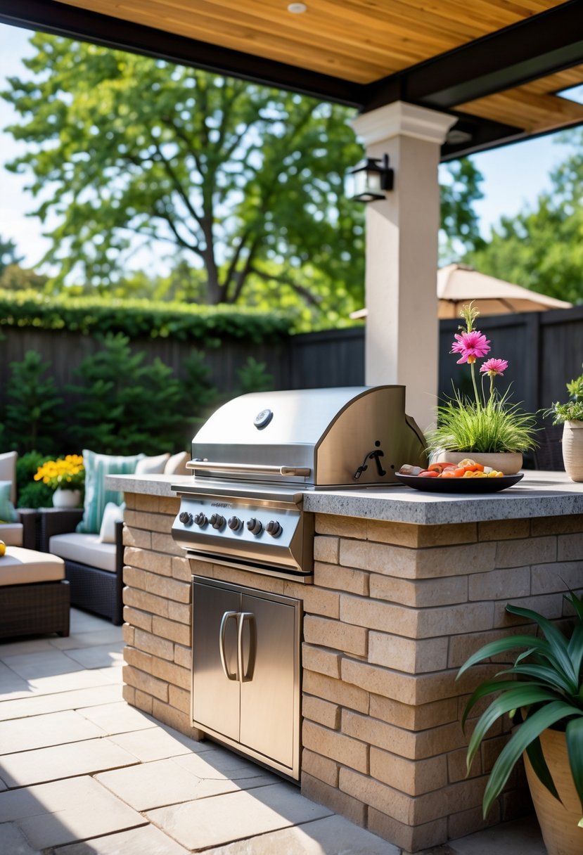 Outdoor kitchen with a built-in gas grill island surrounded by seating and plants in a backyard setting.
