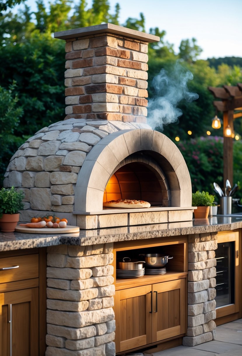 Outdoor kitchen with a large stone pizza oven surrounded by countertops and greenery.