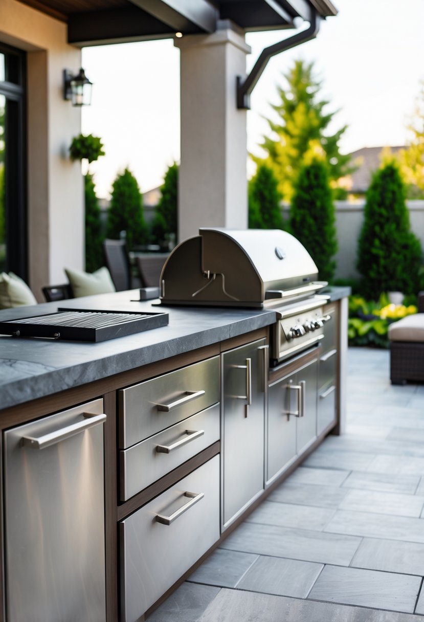 An outdoor kitchen with stainless steel weather-resistant cabinets, a built-in grill, stone countertops, and surrounding greenery.