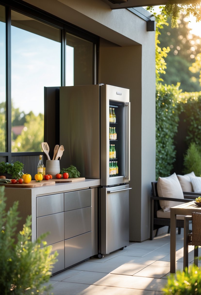 Outdoor kitchen with a stainless steel refrigerator, countertop with ingredients, seating area, and surrounding greenery.
