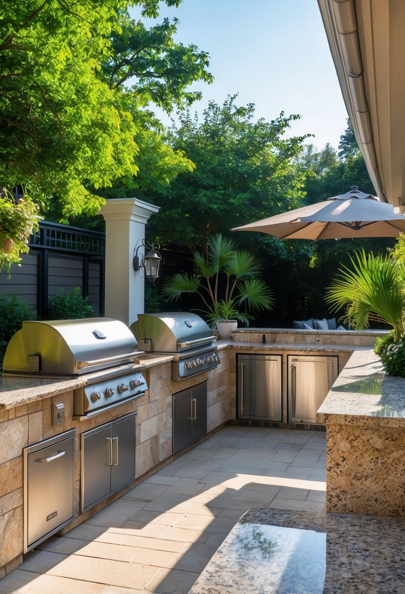 Outdoor kitchen with granite countertops, grill, and seating area surrounded by plants.