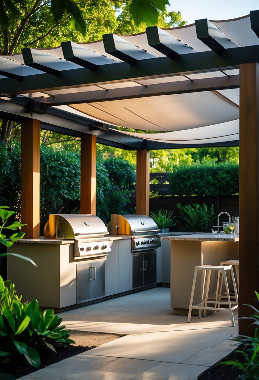 An outdoor kitchen under a wooden pergola with a partially extended fabric canopy, featuring a grill, countertop, bar stools, and surrounding greenery.
