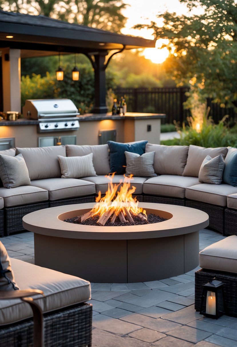 An outdoor seating area with a built-in fire pit surrounded by cushioned seats, next to an outdoor kitchen with a grill and countertops, set in a garden.