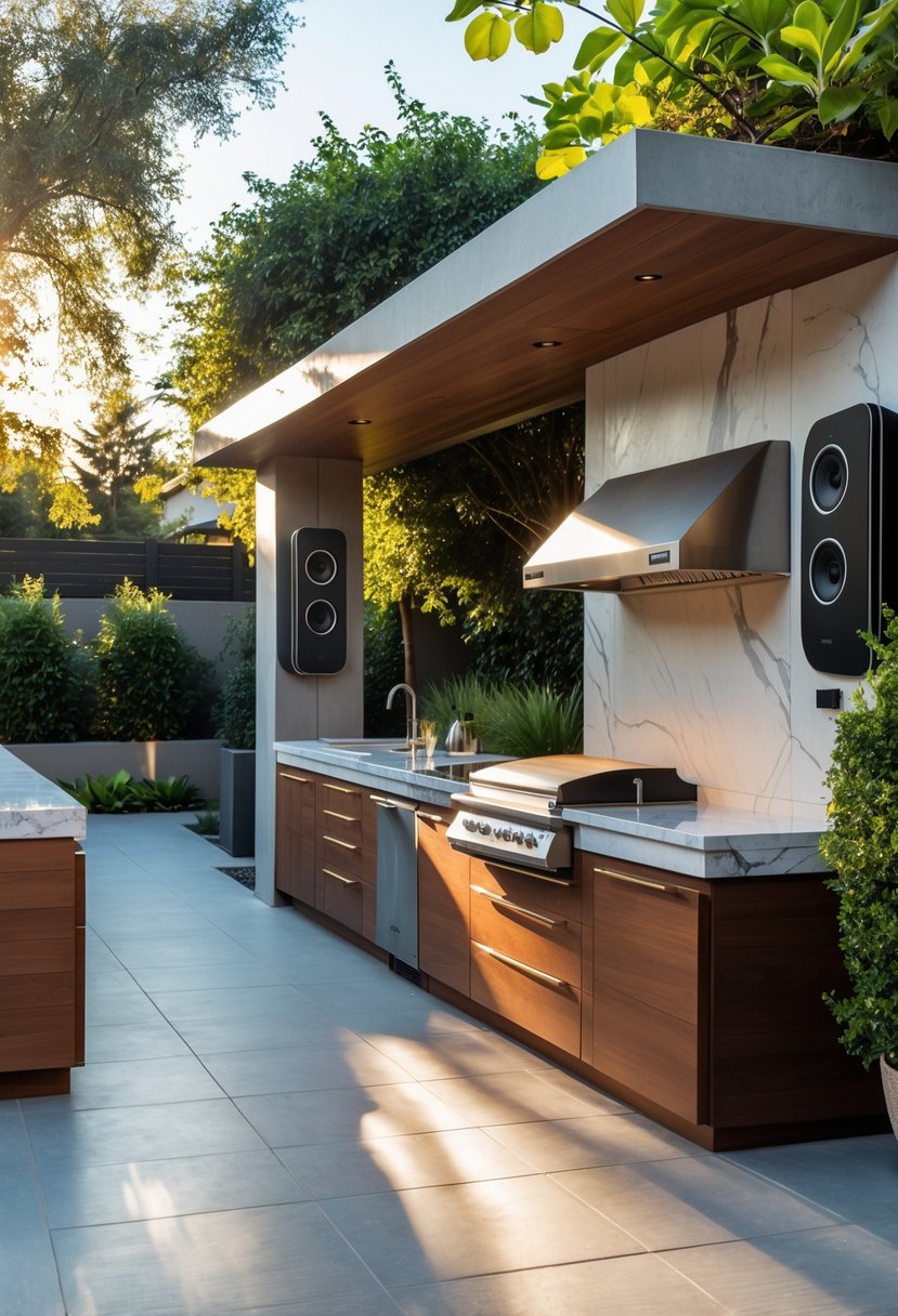 Outdoor kitchen with built-in grill, countertops, plants, and smart outdoor speakers mounted on walls in a sunny backyard patio.