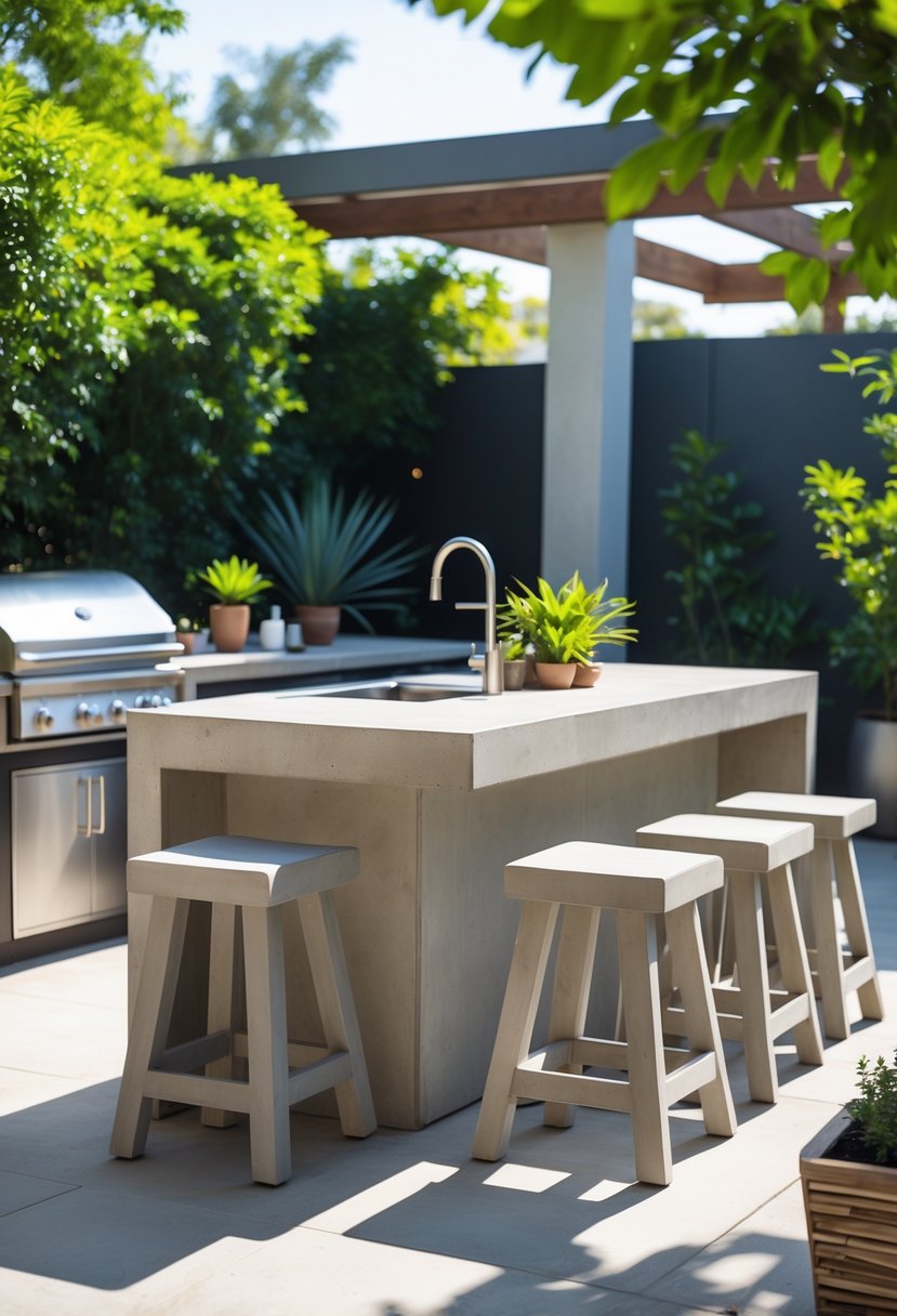 Outdoor kitchen with concrete bar stools around a countertop island in a backyard setting.