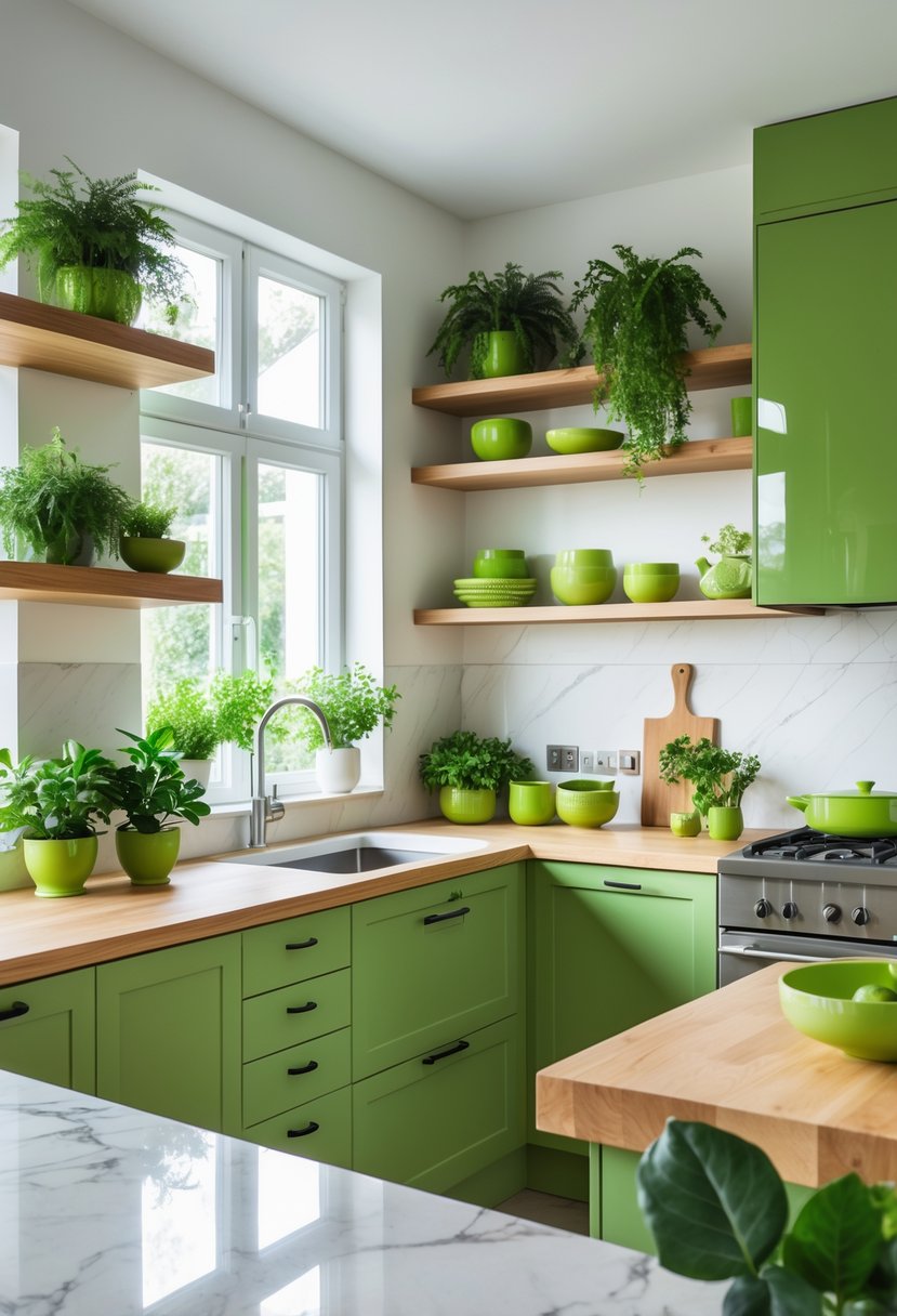 A modern kitchen with green cabinets, wooden countertops, plants, and natural light coming through large windows.