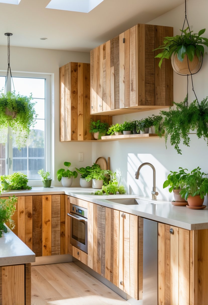 A modern kitchen with reclaimed wood cabinets, green plants, and natural light coming through large windows.