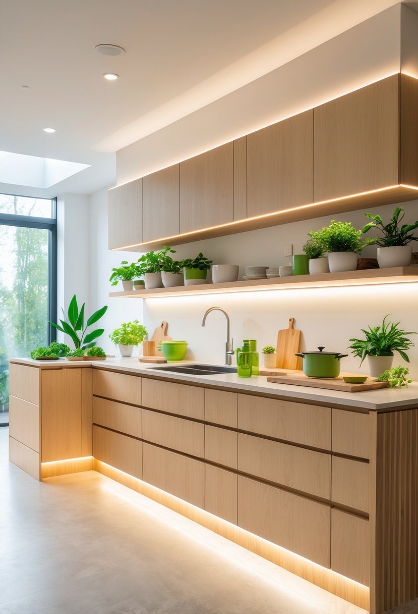 A modern kitchen with LED lighting installed under cabinets, featuring plants and eco-friendly kitchen items.