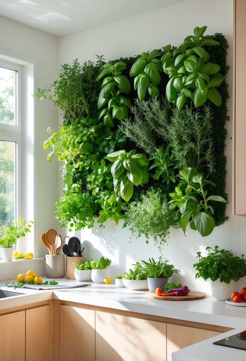 A modern kitchen with a large living herb wall filled with green herbs and natural light coming through windows.