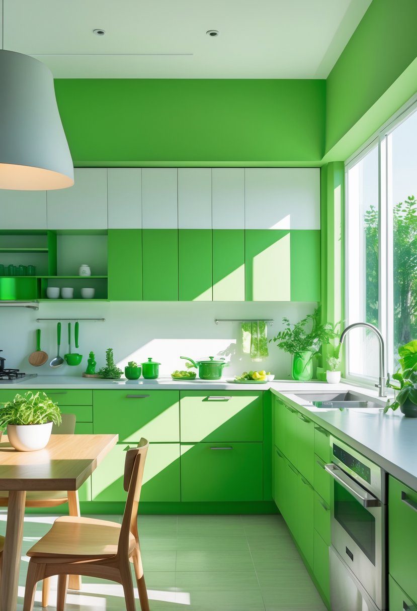 A bright kitchen with green cabinets and walls, natural light, plants, and modern appliances.