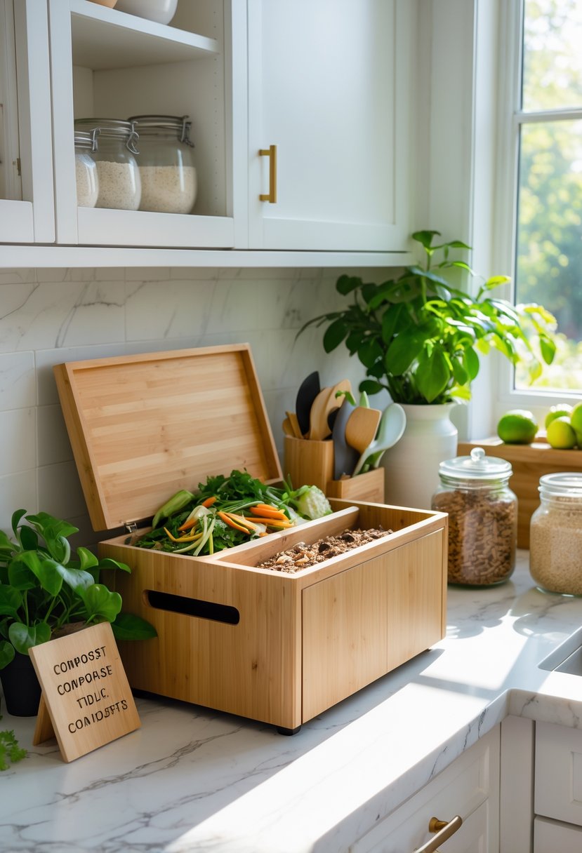 A modern kitchen countertop with a compost bin containing vegetable scraps and coffee grounds, surrounded by green plants and reusable kitchen items.