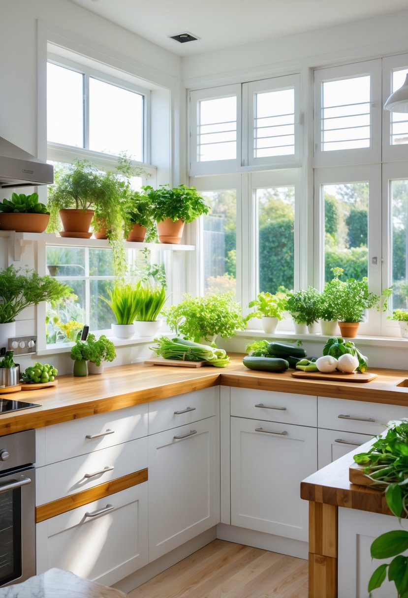 A modern kitchen with bamboo countertops, green plants, and fresh vegetables on the counter.