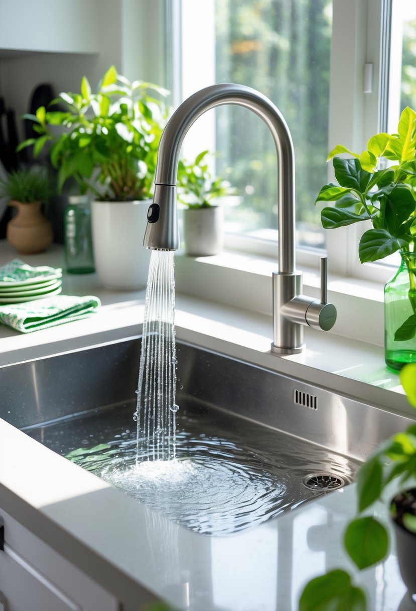Modern kitchen sink with a water-saving faucet running water, surrounded by plants and eco-friendly kitchen items.