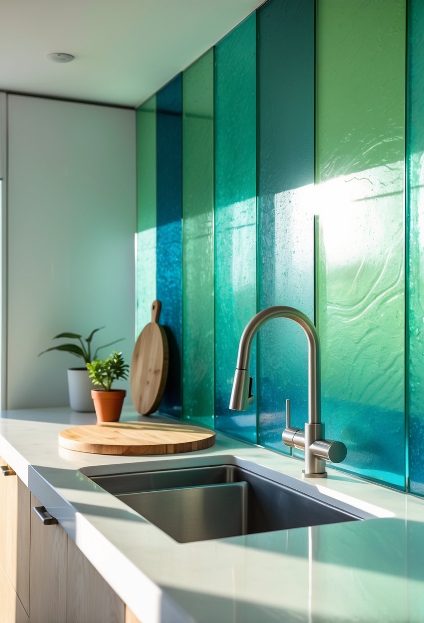 A modern kitchen with a colorful recycled glass backsplash, white countertop, and a small potted plant.