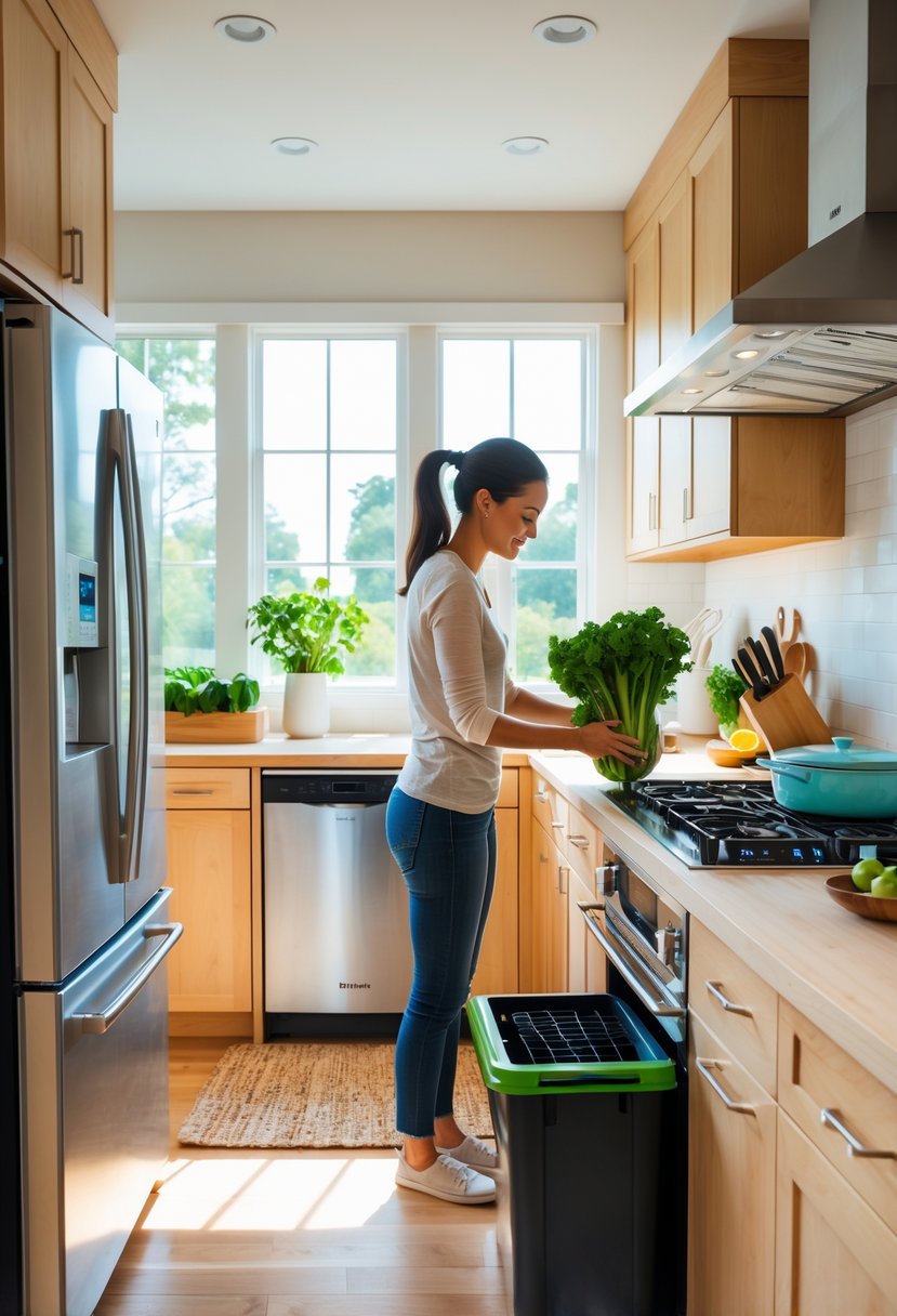 A modern kitchen with eco-friendly appliances, natural wood cabinets, green plants, and a person putting vegetables into a compost bin.