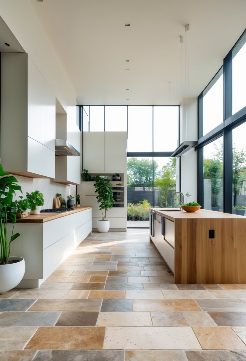 A modern kitchen with natural stone flooring, white cabinets, a wooden island, green plants, and stainless steel appliances.