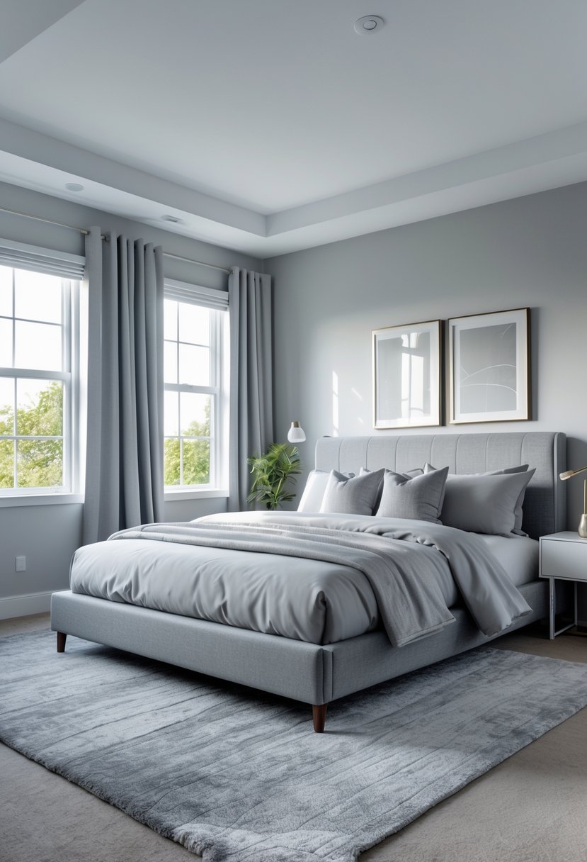 A bedroom with a large bed, grey walls, grey bedding, a bedside table with a lamp and plant, and a window with curtains letting in natural light.