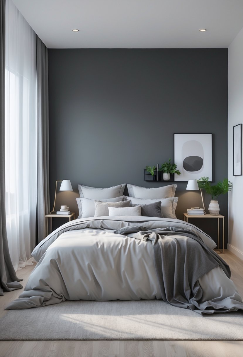A bedroom with a charcoal grey accent wall, a neatly made bed, bedside tables with lamps, and natural light coming through a window.