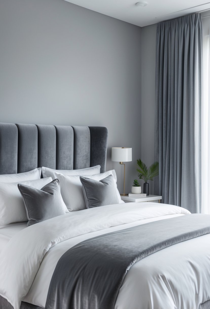 A bedroom with a grey velvet upholstered headboard, a neatly made bed with white linens, and soft natural light coming through sheer curtains.