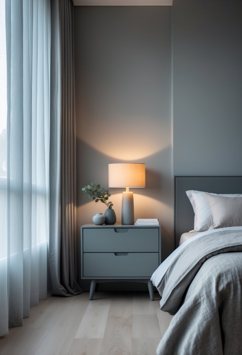 A bedroom with matte grey nightstands on both sides of a bed, each holding a lamp, a vase with green leaves, and books, with soft natural light coming through the window.